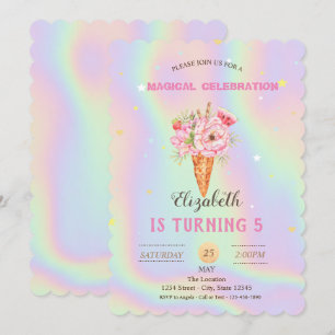 Floral Ice cream Holographic Birthday Invitation