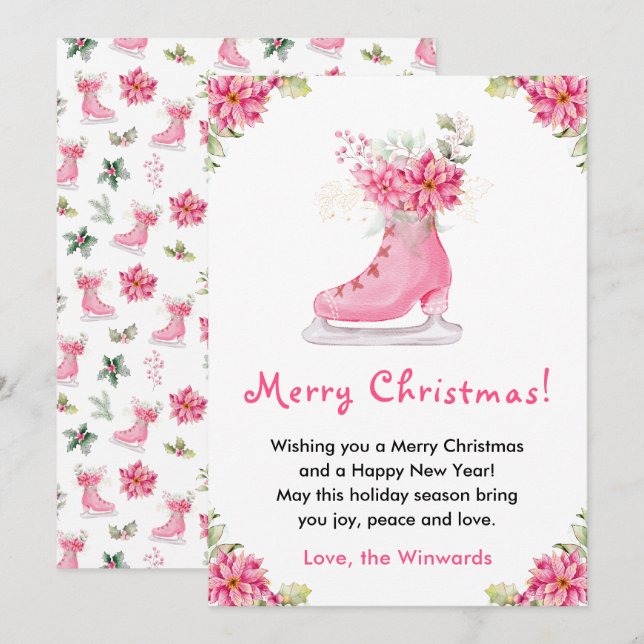 Floral Ice Skate Pink Merry Christmas Holiday Card (Front/Back)