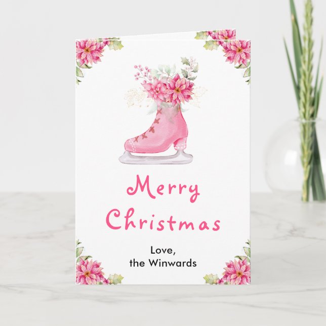 Floral Ice Skate Pink Merry Christmas Holiday Card (Front)