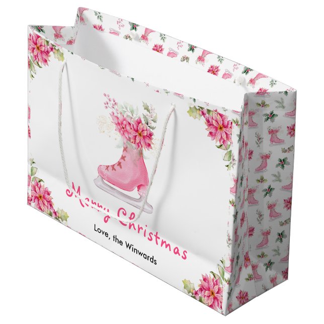 Floral Ice Skate Pink Merry Christmas Large Gift Bag (Front Angled)