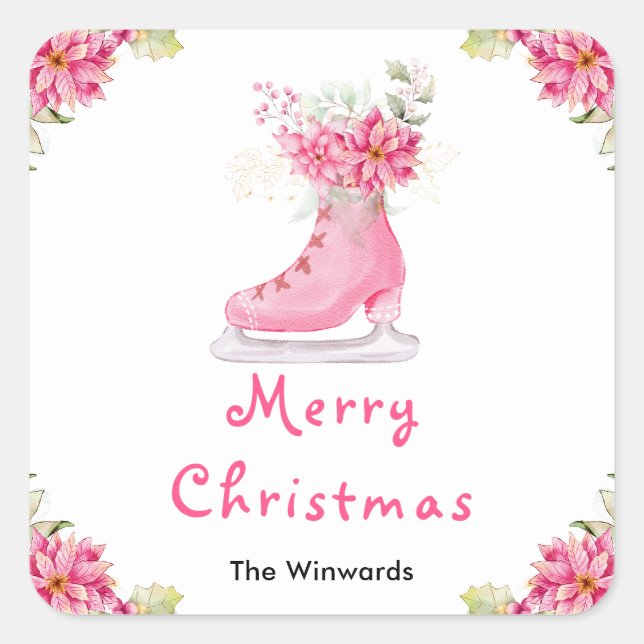Floral Ice Skate Pink Merry Christmas Square Sticker (Front)