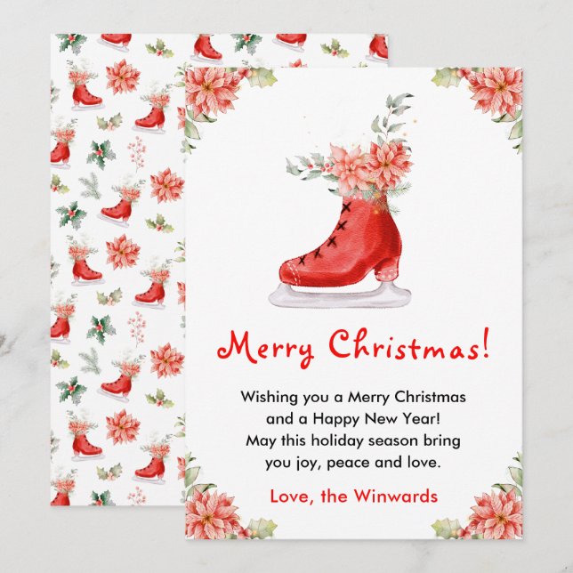 Floral Ice Skate Red Merry Christmas Holiday Card (Front/Back)