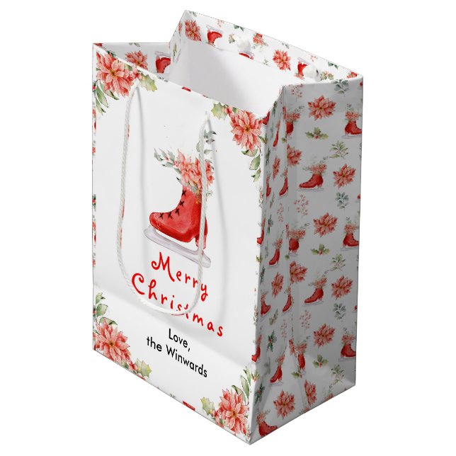 Floral Ice Skate Red Merry Christmas Medium Gift Bag (Front Angled)