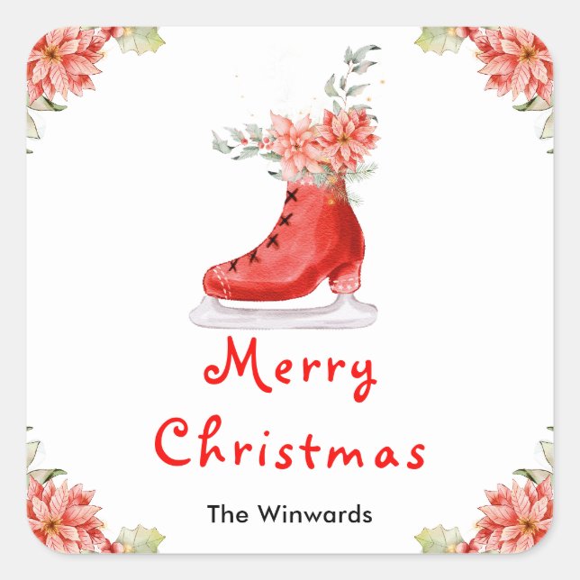 Floral Ice Skate Red Merry Christmas Square Sticker (Front)