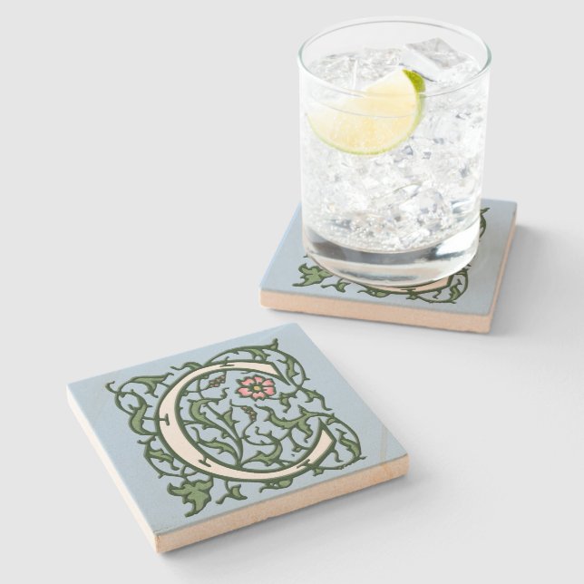 Floral Illuminated Letter C Stone Coaster (Side)