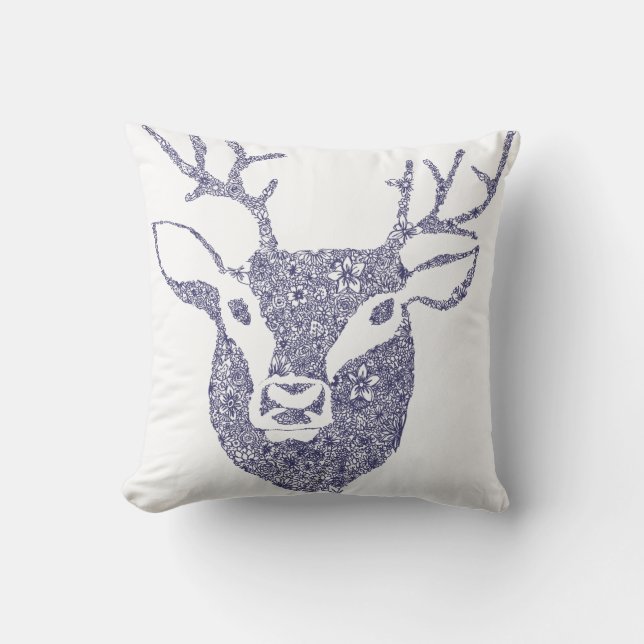 Floral Illustrated Deer Head Cushion Coral/Navy (Front)