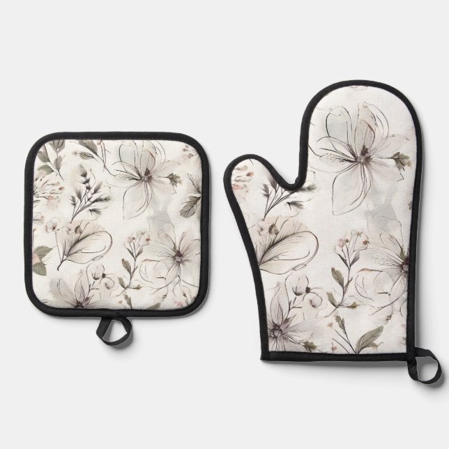Floral Illustration Oven Mitt & Pot Holder Set (Front)