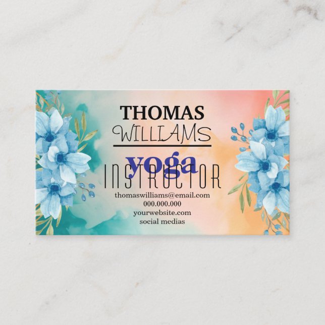 Floral illustration yoga instructor Mandala Henna Business Card (Front)