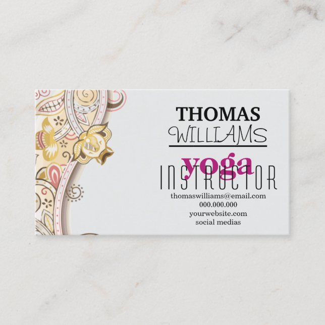 Floral illustration yoga instructor Mandala Henna Business Card (Front)