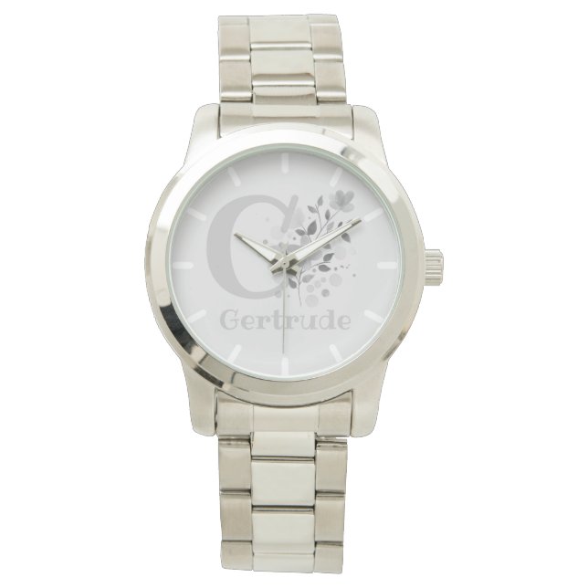Floral Image with Name Gertrude & Initial Ladies Watch (Front)