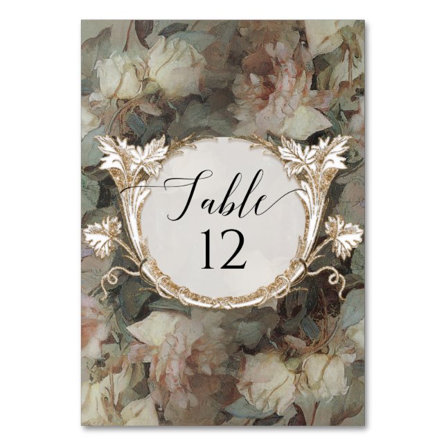 Floral Impressionist Roses Pink White Mint Wedding Table Number (Front)