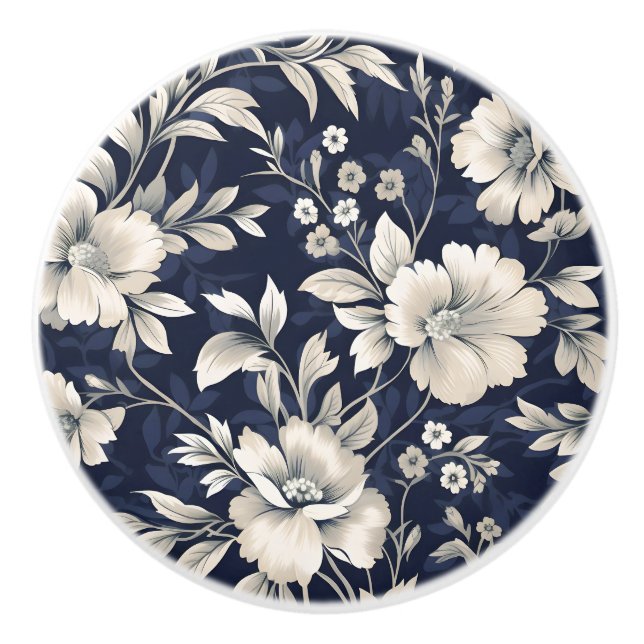 Floral in Blue Ceramic Knob (Front)