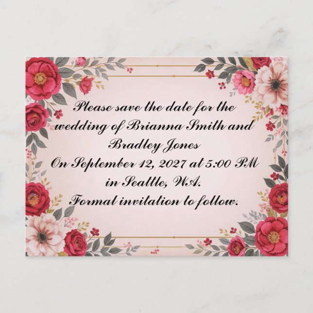 Floral in Pink Wedding Save the Date Invitation Postcard (Front)