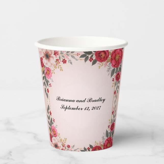 Floral in Pink Wedding Shower Bachelorette Party Paper Cups (Front)