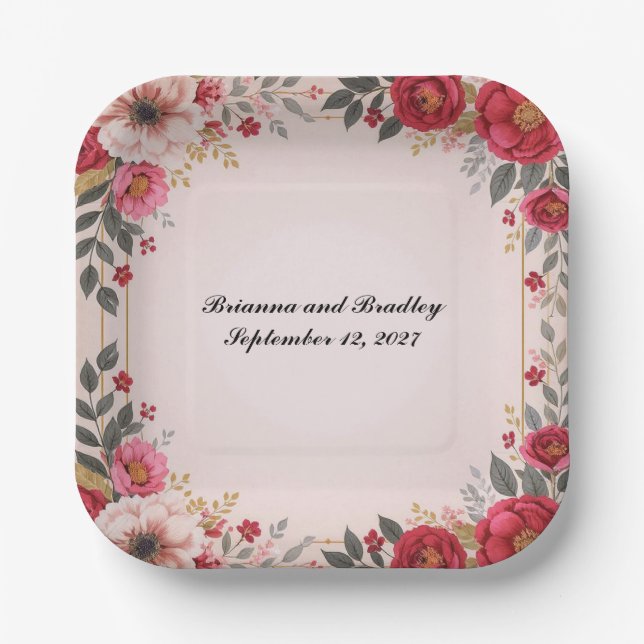 Floral in Pink Wedding Shower Bachelorette Party Paper Plate (Front)