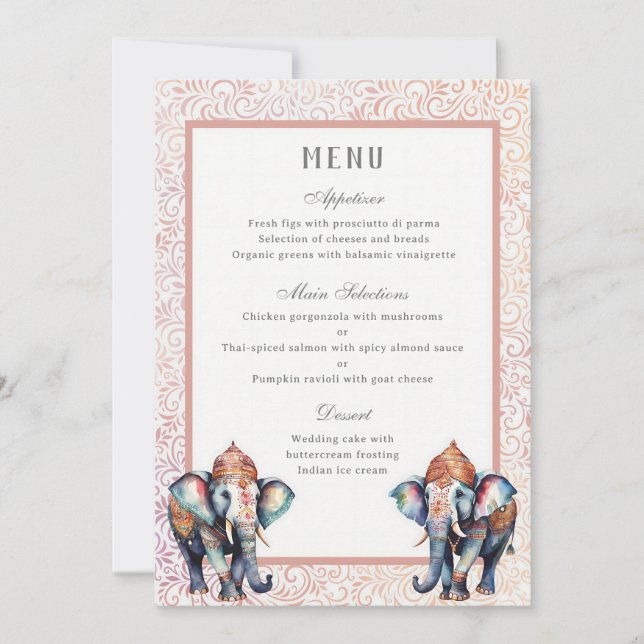 Floral Indian Wedding Elephant Reception Menu Card (Front)