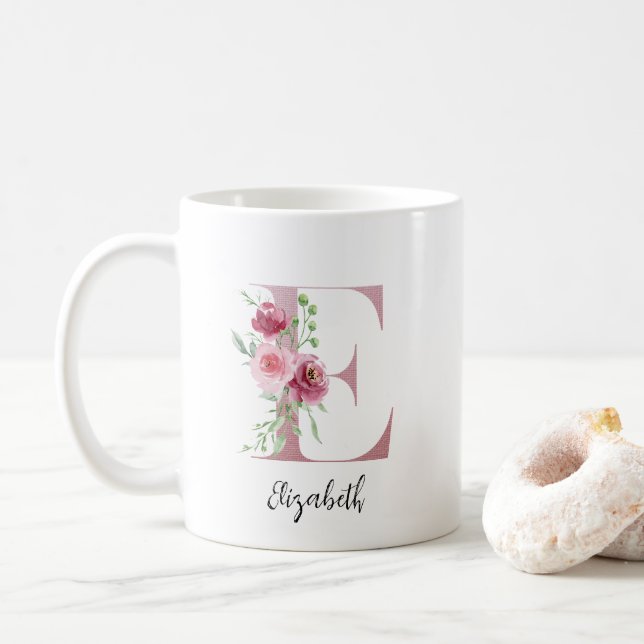 Floral Initial E Blush Roses Editable Name Coffee Mug (With Donut)