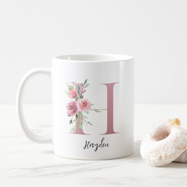 Floral Initial H Blush Roses Editable Name Coffee Mug (With Donut)