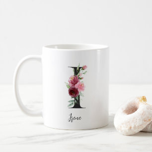 Floral Initial I Burgundy Pink Roses Editable Name Coffee Mug