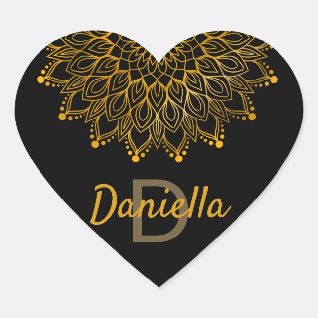 Floral initial monogram gold personalised mandala heart sticker (Front)