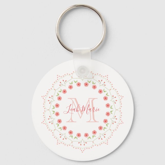 Floral Initial Monogram Pink Mandala Personalised Key Ring (Front)