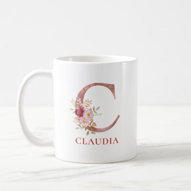 Floral Initial Personalised Name Elegant Monogram  Coffee Mug (Left)