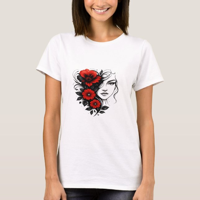 Floral Ink Beauty – Red & Black Tattoo Art T-Shirt (Front)