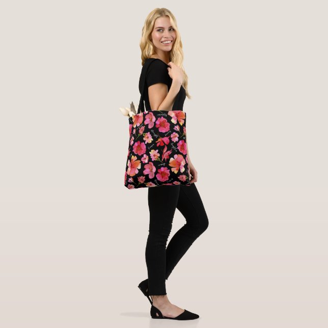 Floral Inspiration Tote - Pink flowers on Black  (On Model)