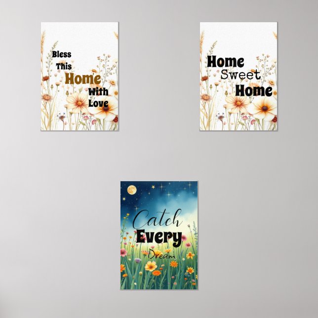 Floral Inspirational Wall Art - Set of 3 Home Quot (Front)