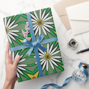 Floral Interpretation White Daisies, Green leaves Wrapping Paper