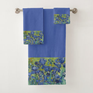 Floral Iris Border on Medium Blue Background Bath Towel Set
