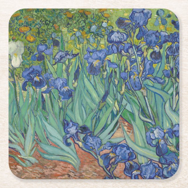 Floral Irises Garden Vincent van Gogh Inspired Square Paper Coaster (Front)