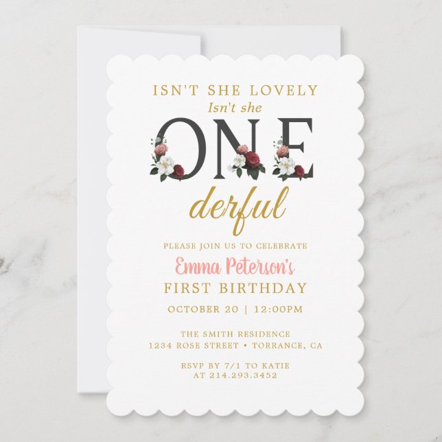 Floral Isn't She Lovely Onederful 1st Birthday Invitation (Front)