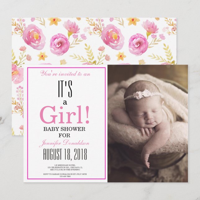 Floral It's a Girl! Pink Photo Baby Shower Invitation (Front/Back)