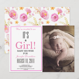 Floral It's a Girl! Pink Photo Baby Shower Invitation