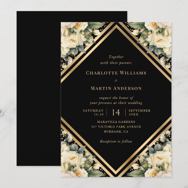 Floral Ivory Black Gold Confetti Geometric Wedding Invitation (Front/Back)