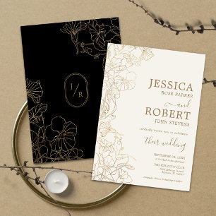 Floral Ivory Gold Black Wedding Invitation