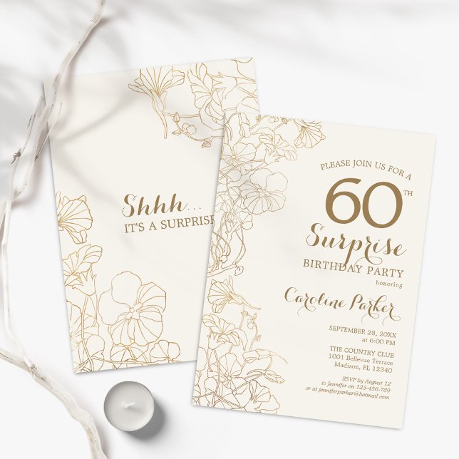 Floral Ivory Gold Surprise 60th Birthday Party Invitation (Creator Uploaded)