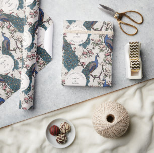 Floral Ivory Peacock & Flowers Engagement Wrapping Paper