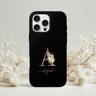 Floral Ivory Rose Gold Monogram Letter "A" Black iPhone 13 Pro Case