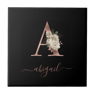 Floral Ivory Rose Gold Monogram Letter "A" Black Tile