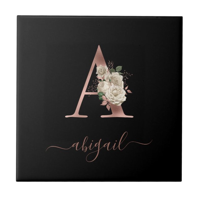 Floral Ivory Rose Gold Monogram Letter "A" Black Tile (Front)