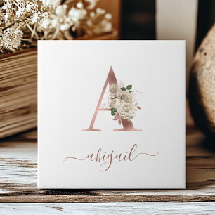 Floral Ivory Rose Gold Monogram Letter "A" Tile