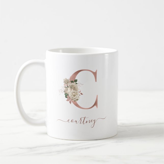 Floral Ivory Rose Gold Monogram Letter "C" Coffee Mug (Left)