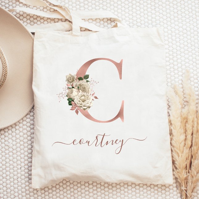 Floral Ivory Rose Gold Monogram Letter C Tote Bag (Creator Uploaded)