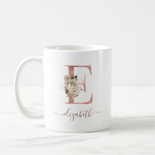 Floral Ivory Rose Gold Monogram Letter "E" Coffee Mug