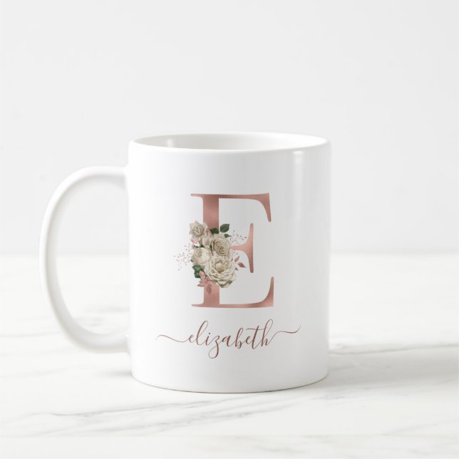 Floral Ivory Rose Gold Monogram Letter "E" Coffee Mug (Left)
