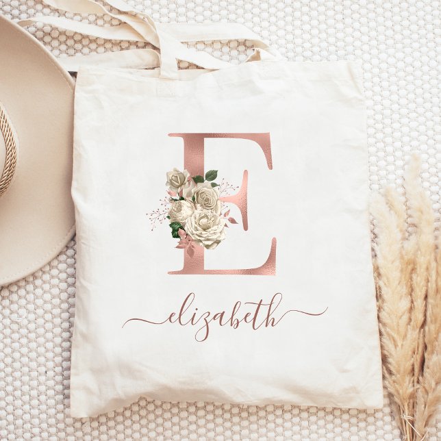 Floral Ivory Rose Gold Monogram Letter E Tote Bag (Creator Uploaded)