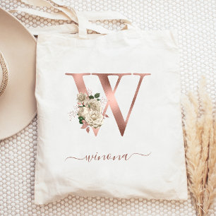 Floral Ivory Rose Gold Monogram Letter W Tote Bag