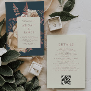 Floral Ivory Rose Gold Teal QR Code Wedding Invitation